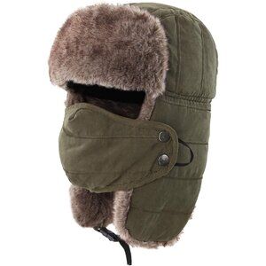 Mens Winter Trapper Hat with Earflaps Mask Warm Faux Fur Hunting Trooper Cap